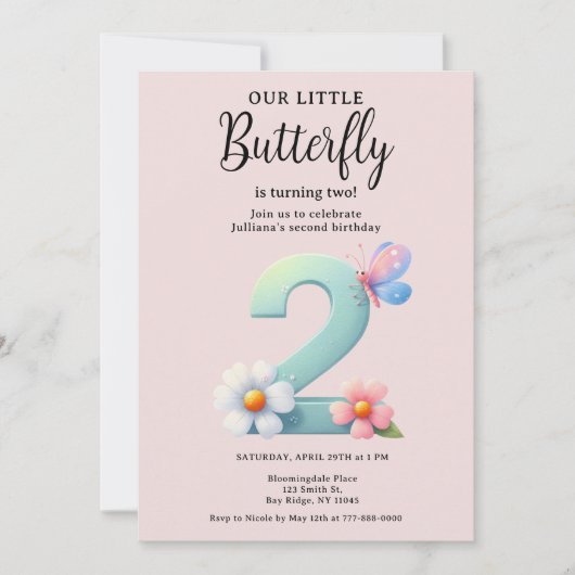 小さな蝶2nd誕生日かわいい番号フォント 招待状 (正面)