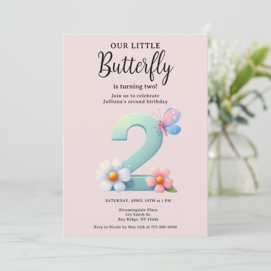 小さな蝶2nd誕生日かわいい番号フォント 招待状 (スタンド正面)