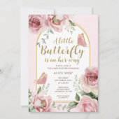 小さな蝶 |ピンク金ゴールドグリッターベビーシャワー 招待状 (正面)