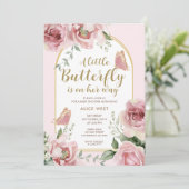 小さな蝶 |ピンク金ゴールドグリッターベビーシャワー 招待状 (スタンド正面)