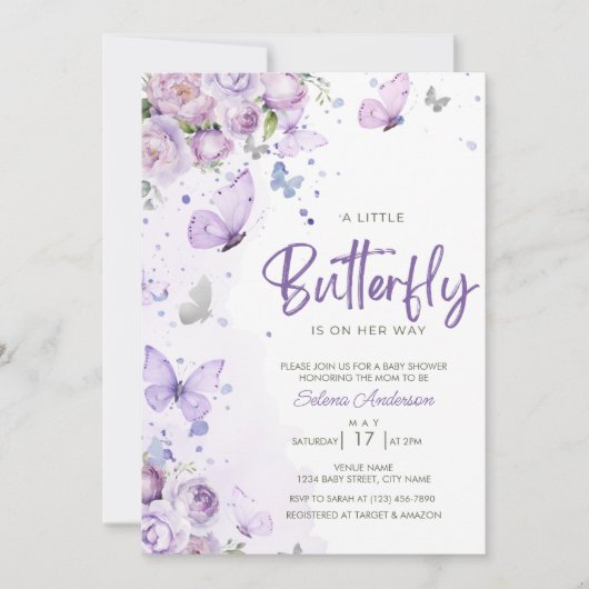 "小さな蝶"紫のフローラ赤ちゃんシャワー 招待状 (正面)