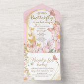 小さな蝶 |金ゴールドグリッターピンクベビーシャワー オールインワン招待状 (内側)