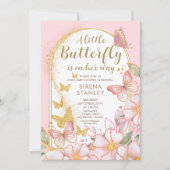 小さな蝶 |金ゴールドグリッターピンクベビーシャワー 招待状 (正面)