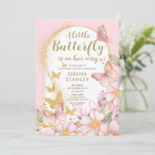 小さな蝶 |金ゴールドグリッターピンクベビーシャワー 招待状 (スタンド正面)
