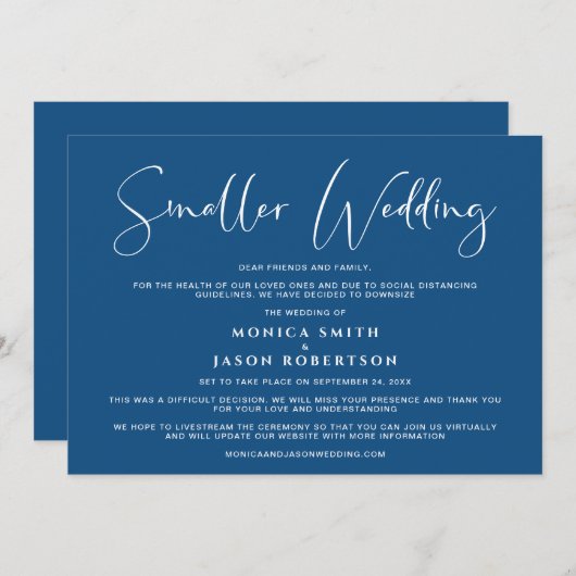 小さな規模に縮小したウェディング エレガント クラシック ブルー 案内状 (正面/裏面)