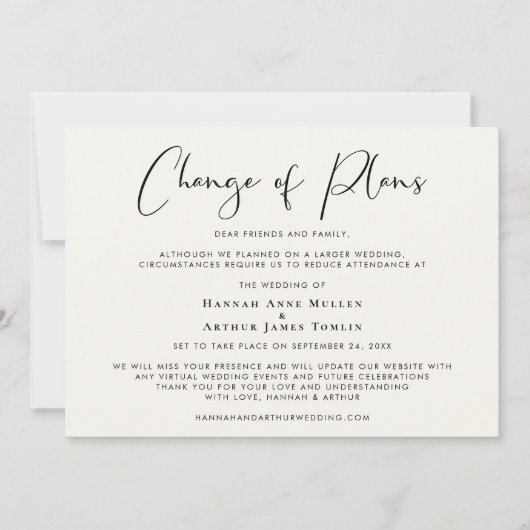 小さな規模に縮小した結婚式 計画変更のご案内 クリーム 案内状 (正面)