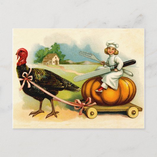 小さな調理師の大きな七面鳥のヴィンテージと大きなカボチャ ポストカード (正面)