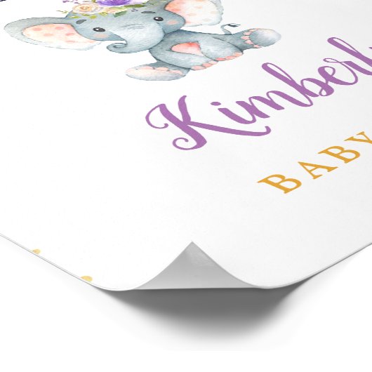 小さな象の紫のフローラの赤ちゃんシャワー歓迎 ポスター (角)