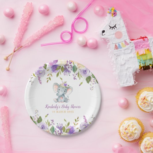 小さな象の紫のフローラの赤ちゃんシャワー ペーパープレート (パーティー)
