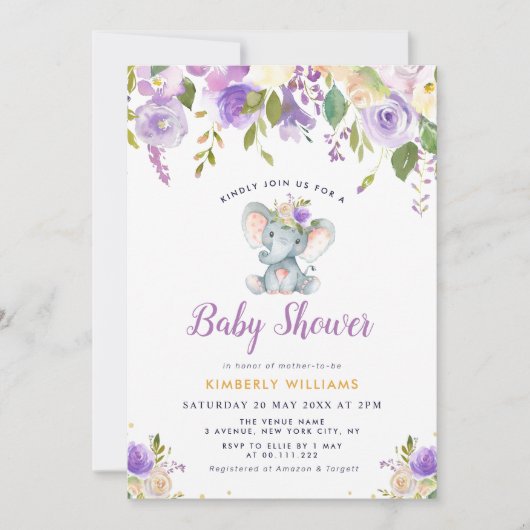小さな象の紫のフローラ 招待状 (正面)