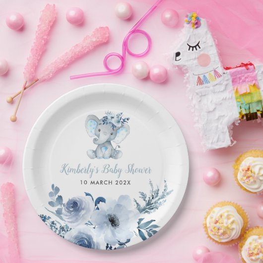 小さな象の青いフローラの赤ちゃんシャワー ペーパープレート (パーティー)