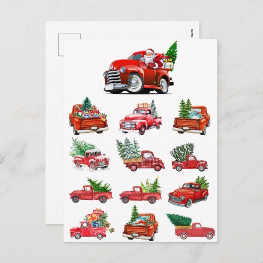 小さな赤いトラックがクリスマスツリーを運ぶ シーズンポストカード (正面/裏面)