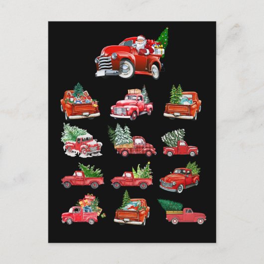 小さな赤いトラックがクリスマスツリーを運ぶ ポストカード (正面)