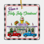 小さな赤いトラックとドライブインダイナー セラミックオーナメント (正面)