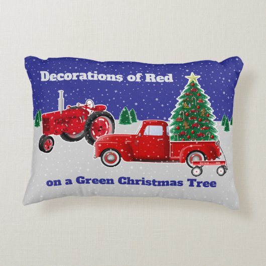 小さな赤いトラックとワゴンと古い赤いトラクター アクセントクッション (裏面)