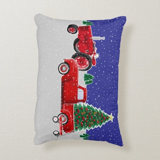 小さな赤いトラックとワゴンと古い赤いトラクター アクセントクッション (裏面(縦))