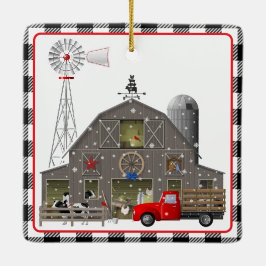 小さな赤いトラックと古い家畜小屋 セラミックオーナメント (裏面)