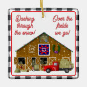 小さな赤いトラックと馬の牧場 セラミックオーナメント (正面)