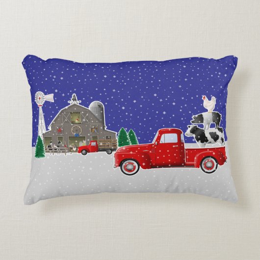 小さな赤いトラックに農場動物スタック アクセントクッション (正面)