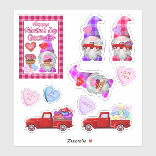 小さな赤いトラックのいるノーム バレンタイン ステッカー シール (シート)