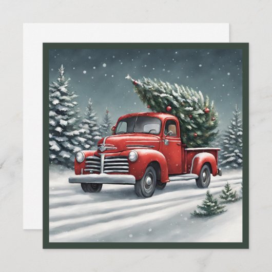 小さな赤いトラックを運ぶクリスマスツリー シーズンカード (正面/裏面)