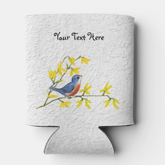 小さな赤い青の鳥の枝の花テクスチャ 缶クーラー (裏面)