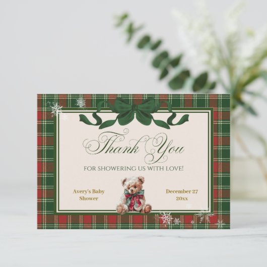 小さな赤メリーちゃんシャワーのテディベアのクリスマス サンキューカード (スタンド正面)