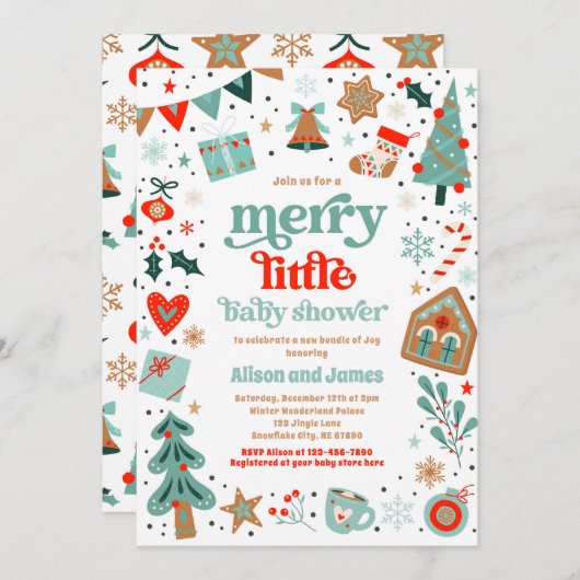 小さな赤メリーちゃんシャワークリスマス赤ちゃんシャワー 招待状 (正面/裏面)