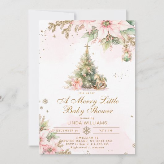 小さな赤メリーちゃんシャワーピンクの金ゴールドクリスマス 招待状 (正面)