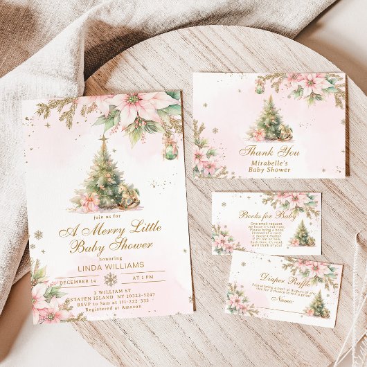 小さな赤メリーちゃんシャワーピンクの金ゴールドクリスマス 招待状