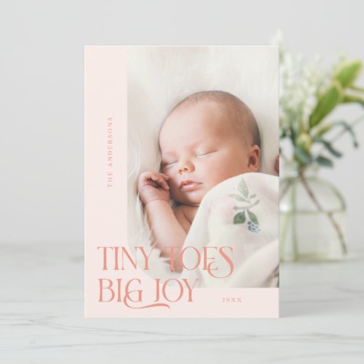 小さな足指の大きな喜び桃の写真誕生のお知らせ 案内状 (スタンド正面)