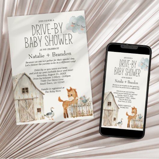 小さな農場の子供部屋動物の車で赤ちゃんシャワー 招待状