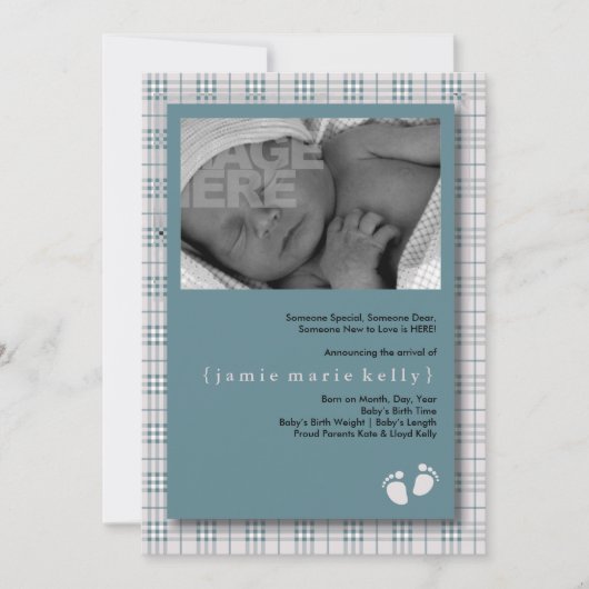 小さな進歩の誕生の発表-空色の格子縞 案内状 (正面)