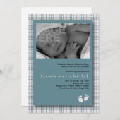 小さな進歩の誕生の発表-空色の格子縞 案内状 (正面/裏面)