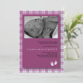 小さな進歩の誕生の発表-軽い紫色の格子縞 案内状 (スタンド正面)