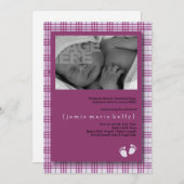 小さな進歩の誕生の発表-軽い紫色の格子縞 案内状 (正面/裏面)