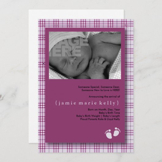 小さな進歩の誕生の発表-軽い紫色の格子縞 案内状 (正面/裏面)