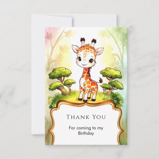 小さな遊び心のあるキリン誕生日 サンキューカード (正面)