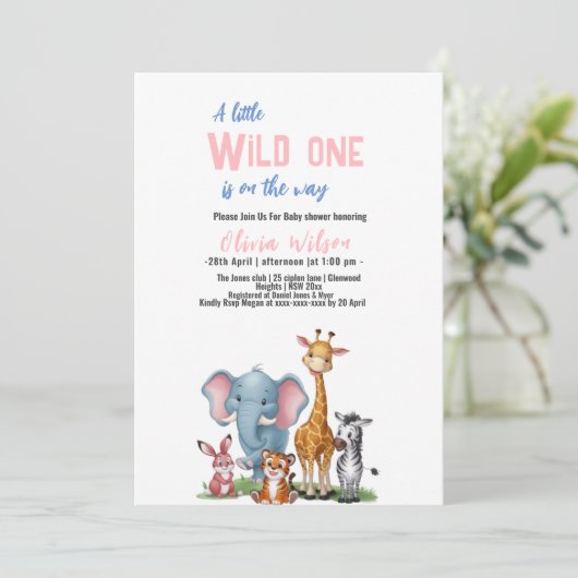小さな野生のサファリそれは女の子の赤ちゃんシャワーだ 招待状 (スタンド正面)