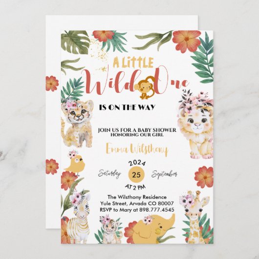 小さな野生のサファリ風の赤ちゃんシャワー 招待状 (正面/裏面)