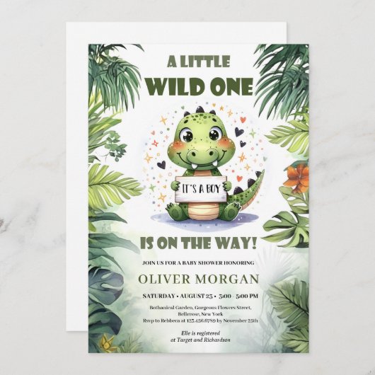 小さな野生のワニが途中の男の子 招待状 (正面/裏面)
