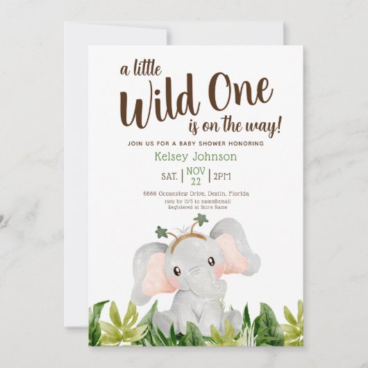 小さな野生の一象の緑の赤ちゃんシャワー 招待状 (正面)