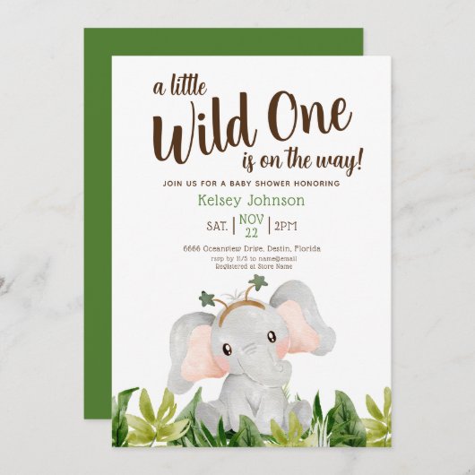 小さな野生の一象の緑の赤ちゃんシャワー 招待状 (正面/裏面)