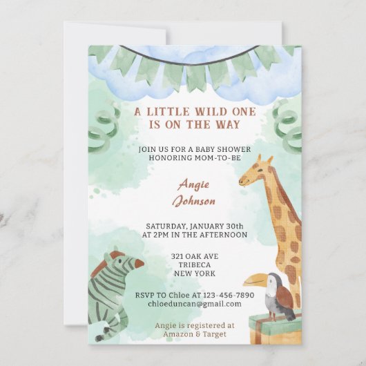 小さな野生の子がやってくる グリーンベイビーシャワー 招待状 (正面)
