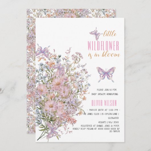 小さな野生の花が開花の赤ちゃんシャワー#7 招待状 (正面/裏面)