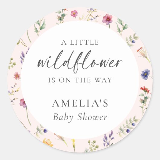 小さな野生の花のフローラピンクの女の子の赤ちゃんシャワー ラウンドシール (正面)