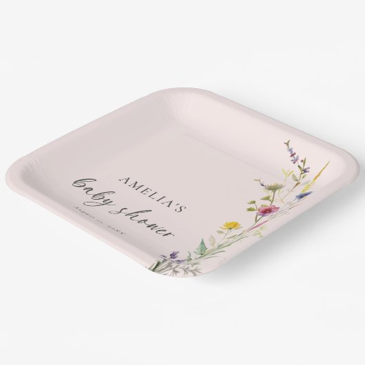 小さな野生の花のフローラピンクの赤ちゃんシャワー ペーパープレート (傾斜あり)