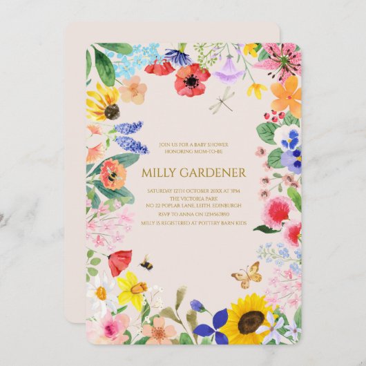 小さな野生の花のママへ蜂の赤ちゃんシャワー 招待状 (正面/裏面)