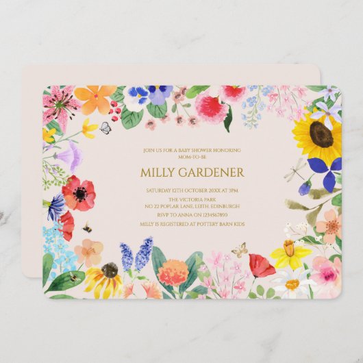 小さな野生の花のママへ蜂の赤ちゃんシャワー 招待状 (正面/裏面)