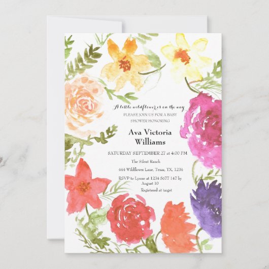 小さな野生の花の少女 ベビーシャワーのためのリース 招待状 (正面)